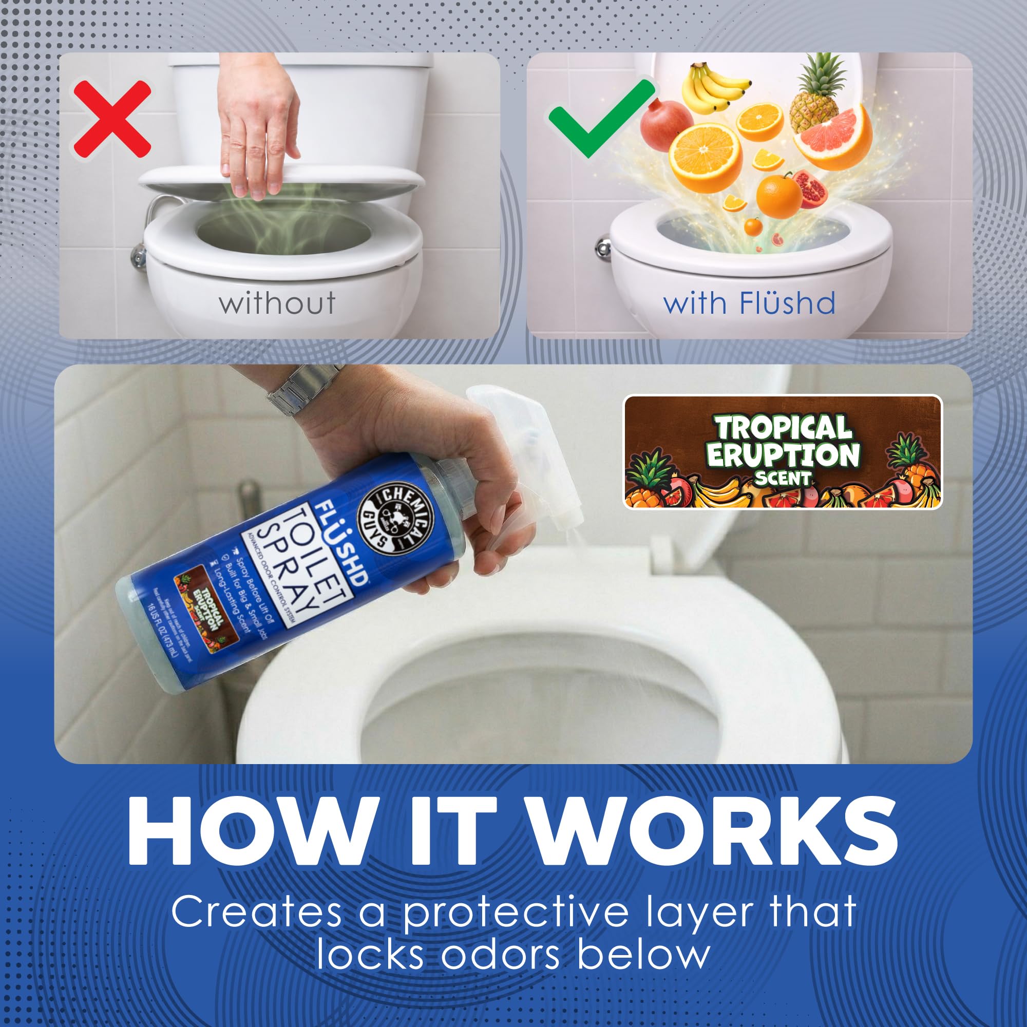 Chemical Guys Flushd, Toilet Deodorizing Spray, Bathroom Odor Eliminator and Blocker, Non-Aerosol Trigger Pump Spray, Tropical Eruption Scent, 16 Fl. Oz. - Image 3