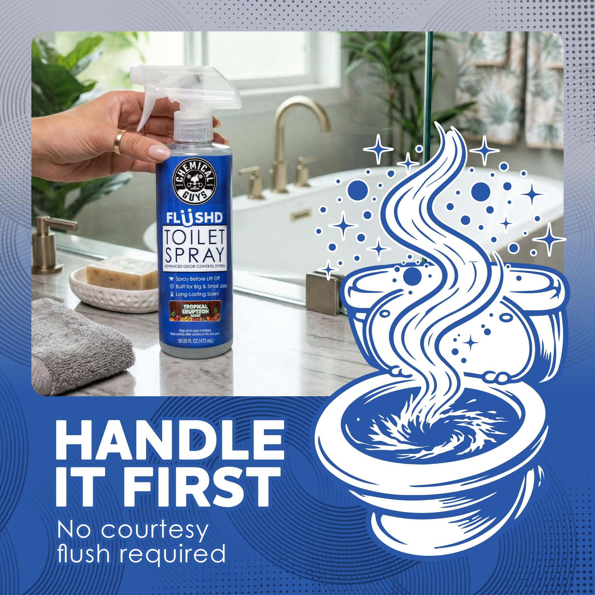 Chemical Guys Flushd, Toilet Deodorizing Spray, Bathroom Odor Eliminator and Blocker, Non-Aerosol Trigger Pump Spray, Tropical Eruption Scent, 16 Fl. Oz. - Image 6